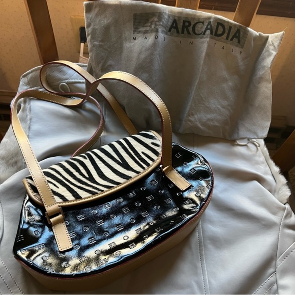 Arcadia Black Patent Leather & Zebra Print Shoulder Bag with Tan Trim